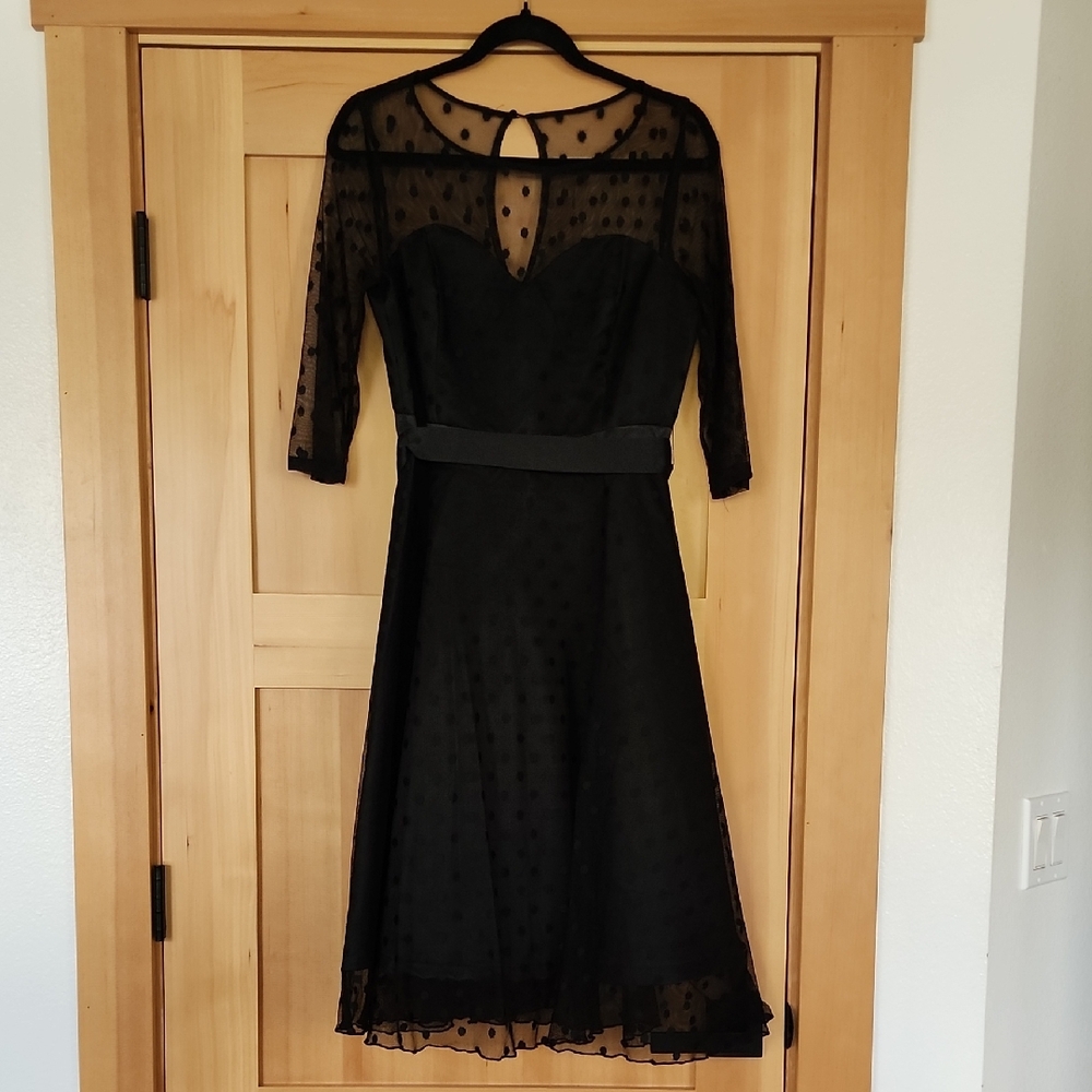 Elegant Black Dress with Sheer Polka Dot Overlay